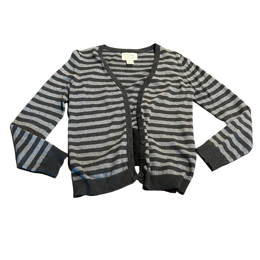 Tabitha Anthropologie Striped V-Neck Sweater Black Grey Cotton/Cashmere Small